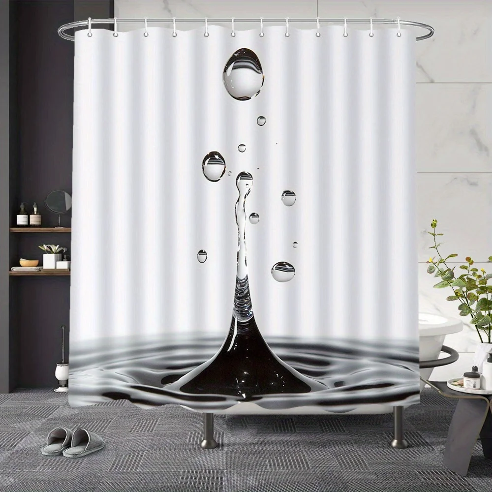 Cortina de ducha con salpicaduras de gotas, foto de gotas de agua de medio aire, piscina ondulada, fondo blanco, diseño minimalista, decoración de baño