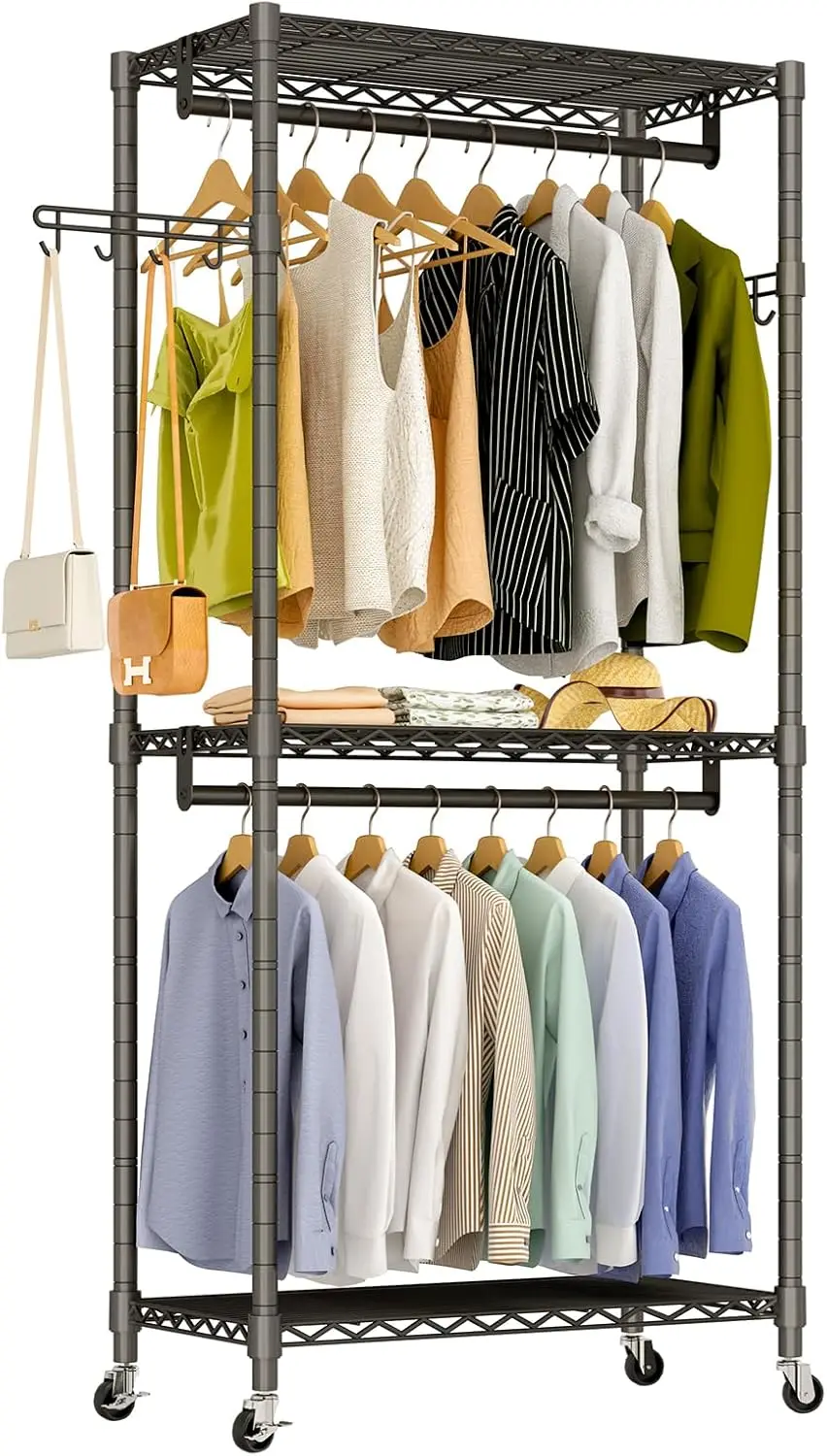 

Rolling Clothes Rack, Heavy Duty Wire Adjustable Garment Rack for Hanging Clothes