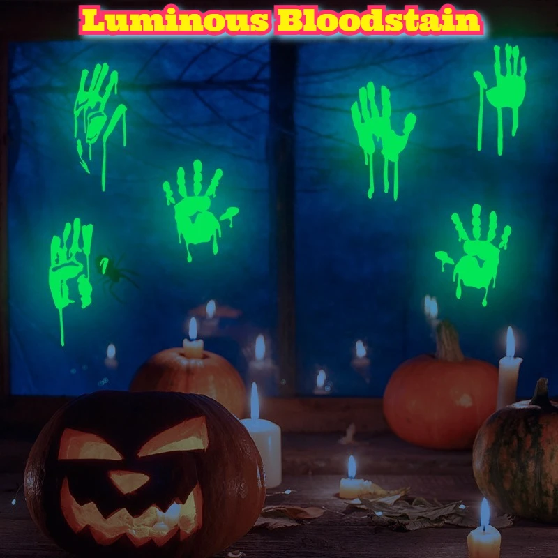 

Glow Dark Bloody Handprint Wall Sticker Halloween Decoration Fluorescent Window Cling Self Adhesive Decal Glass Film Spooky