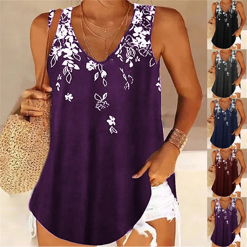 

Women's Shirt Summer New Fashion Loose V-neck Sleeveless Printed Tops Undershirt Female