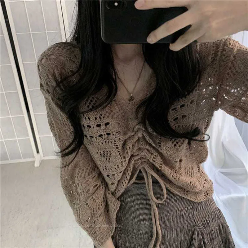 Lucyever Vintage Thin Hollow Out Sweater Women 2024 Spring Summer New French Knit Pullover Female Shawl Sun Protection Short Top