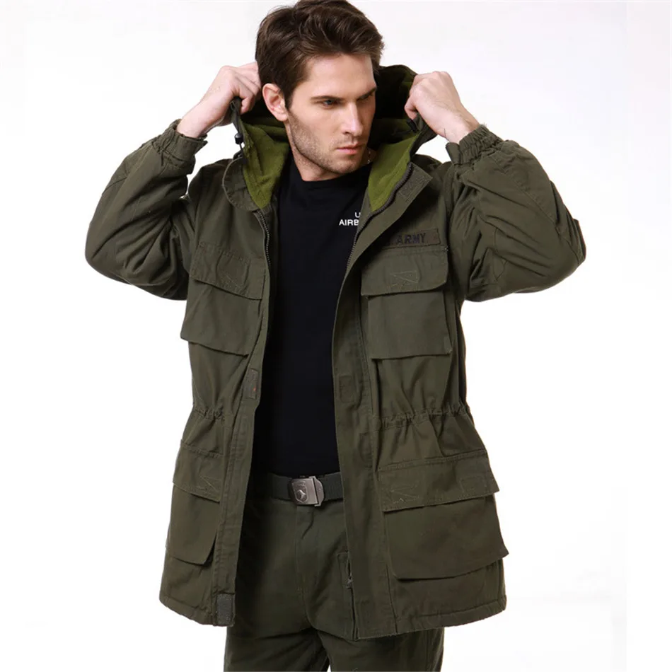 Classic M65 Uniform Fleece Plus Cargo Medium Long Jacket Winter Warm Tactical Combat Jacket Windbreaker Hooded Hunting Clothing