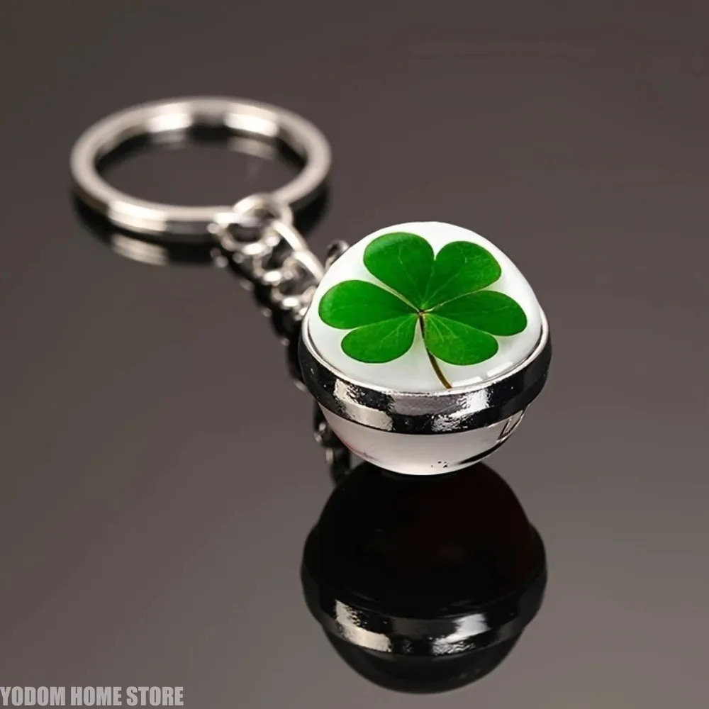 Clover Keychain Four Leaf Clover Glass Ball Double Side Pendant Metal Keyring Lucky Jewelry for Men Decoration Figurines Gift