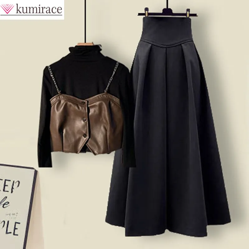 Spring and Autumn Season Set Women's New Korean Fashion Hundred Pleated Half Skirt Minimalist Black Top Tank Top Three Piece Set