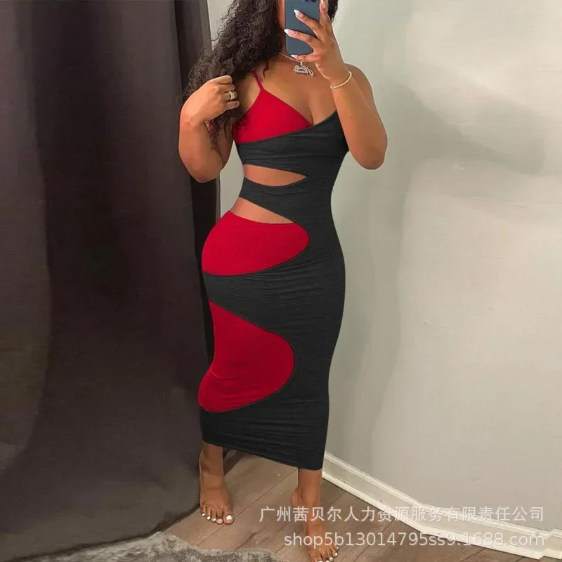 

2023 New Black Mid-length Dresses for Women Contrast Hollowing Out Sexy Dress Woman