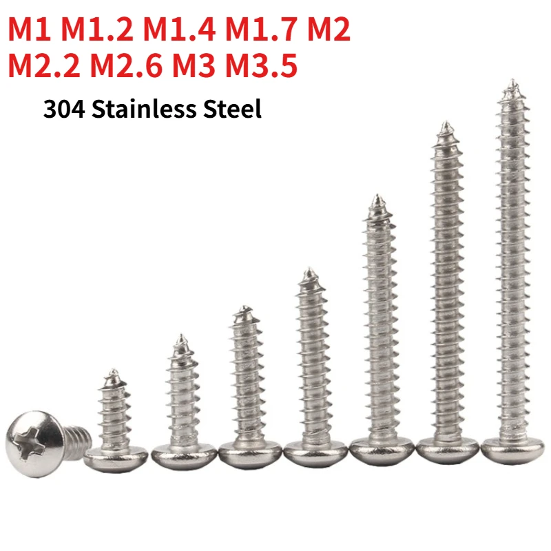 DIN7981 M1 M1.2 M1.4 M1.7 M2-M3.5 304 Stainless Steel Phillips Pan Head Self Tapping Screw, Cross Round Head Self-tapping Screws