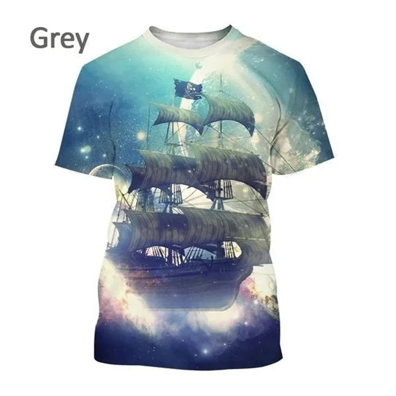 New 3D Printing Pirate Ship Print T-shirts Men\'s Casual Short-sleeved Personality Cool Street Style T Shirt Top Oversized Tees