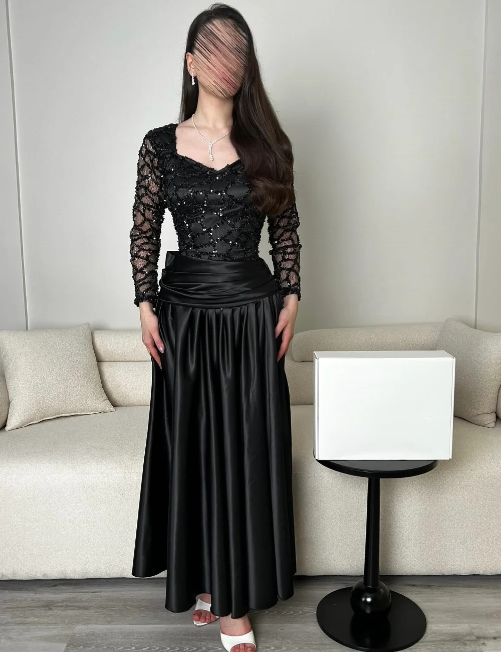 

Customized Sparkle Luxury Beading Sequined Pleat Draped A-line V-neck Ankle Length Evening Dresses Sizes Available High Quality