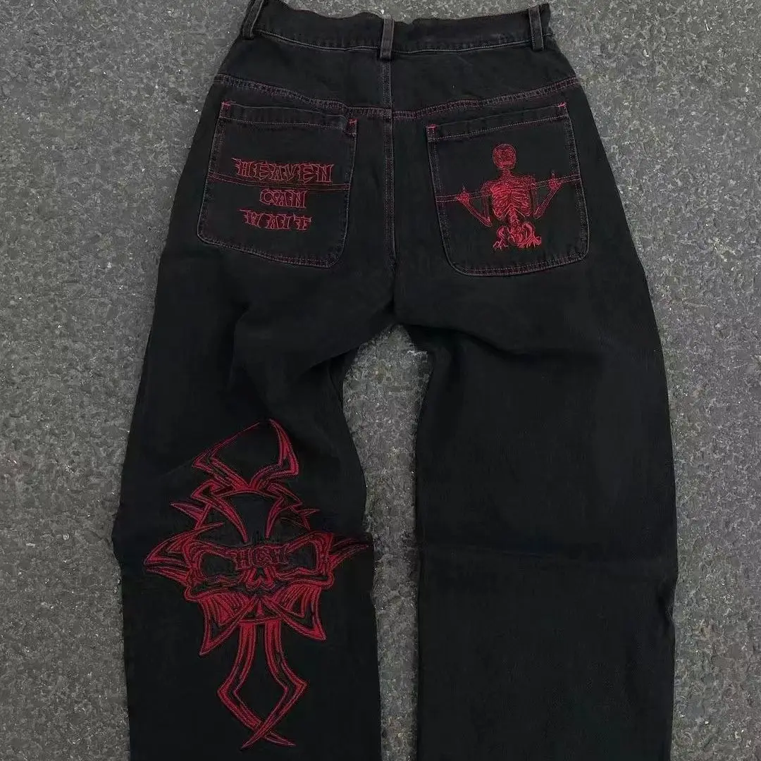 

Ретро американские джинсы с вышивкой черепа в стиле ретро, мужские свободные прямые повседневные длинные брюки, женские прямые джинсы