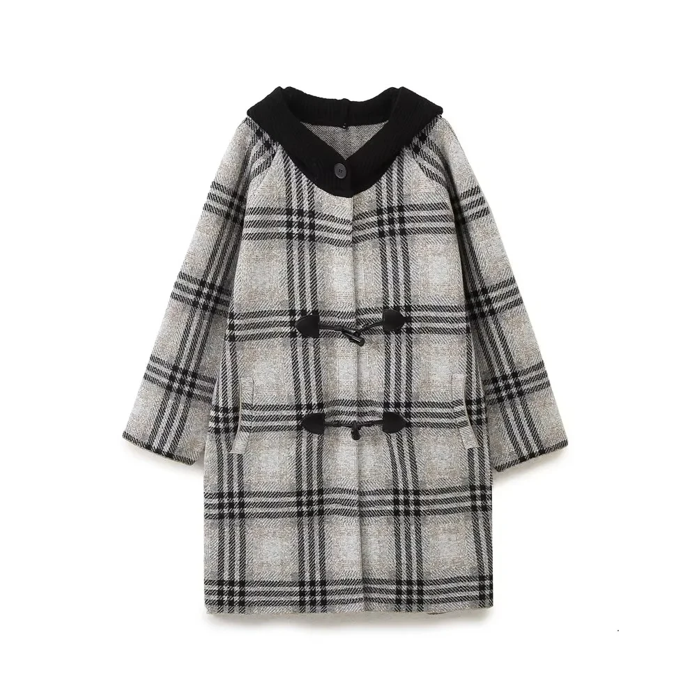 PB&ZA ox horn buckle hooded simple temperament casual style plaid coat 2024 autumn new item for women