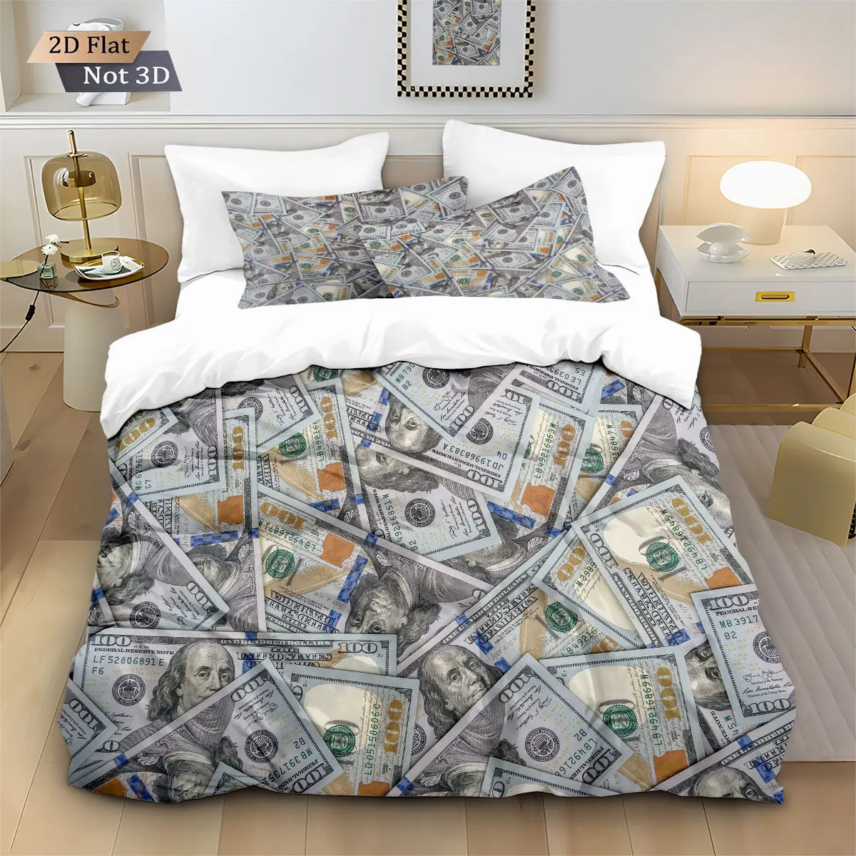 3D Digital Printed US Dollar Money Bedding Set  3PC Duvet Cover with Pillowcases Novelty Queen King Size Bed Sheets Luxury