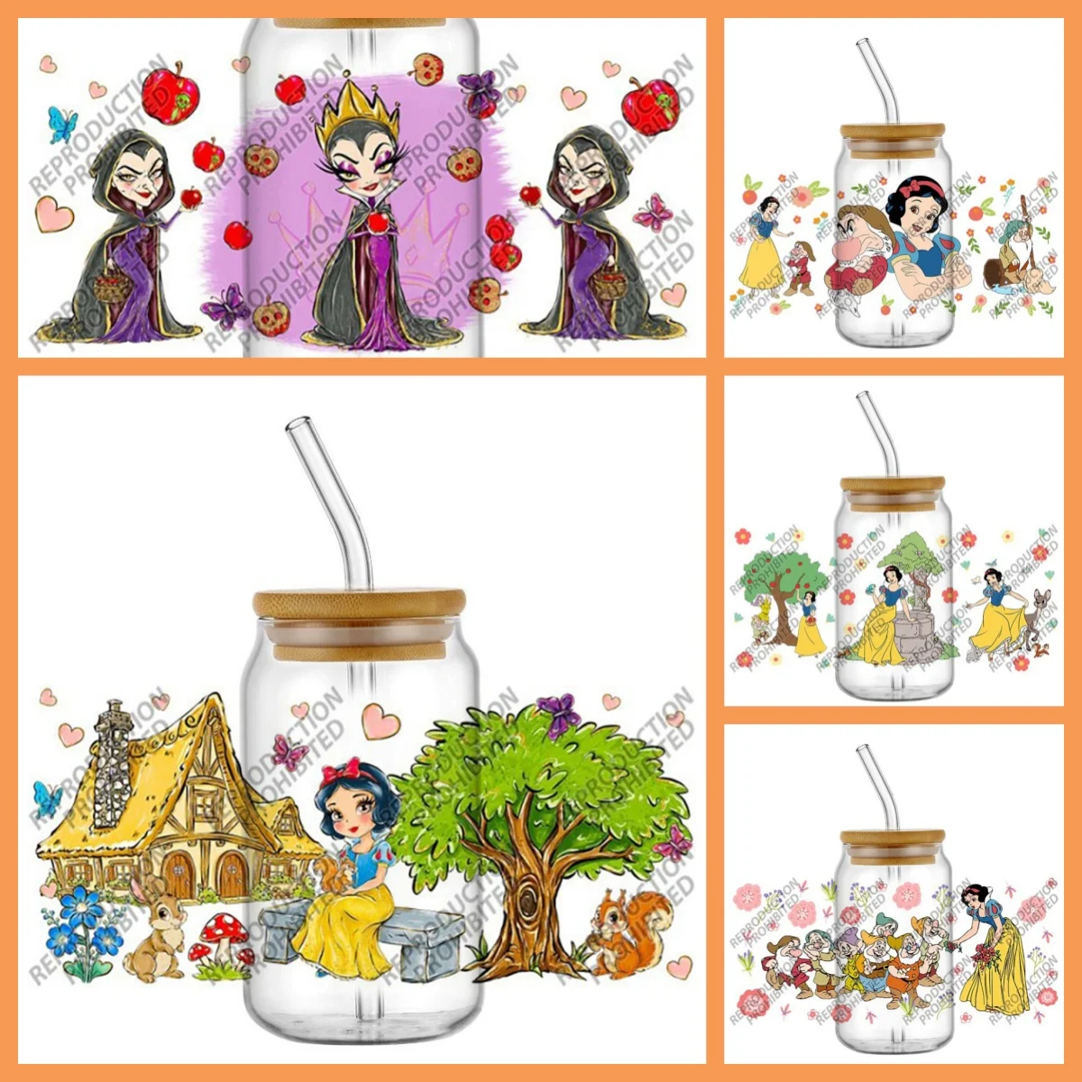 

40 New Design 3D Snow White Princess Decals 3D Transfers UV DTF Stickers 16oz Glasses Cup Wraps Mug DIY Gifts Transfer Sticker