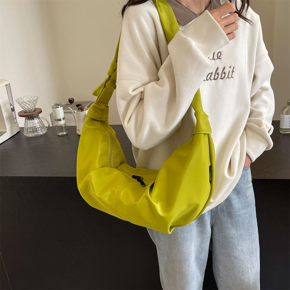 Large Capacity Waterproof Nylon Shoulder Bags For Women Korea Style Cloth Crossbody Bags Solid Green Fashion Messenger Packages