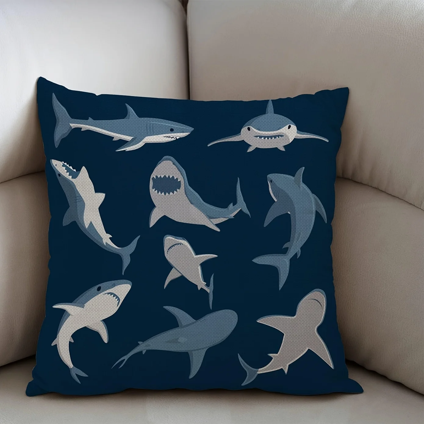 Cute Blue Cartoon Shark Double Sided Pillowcase, Creative Animal Print Decorative Cushion Cover for Sofa, Insert Not Included