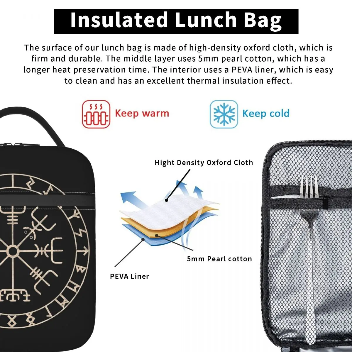 Runic Viking Compass Vegvisir Celtic Insulated Lunch Bag for Women Kids Leakproof Food Boxes Thermal Lunch Box Tote