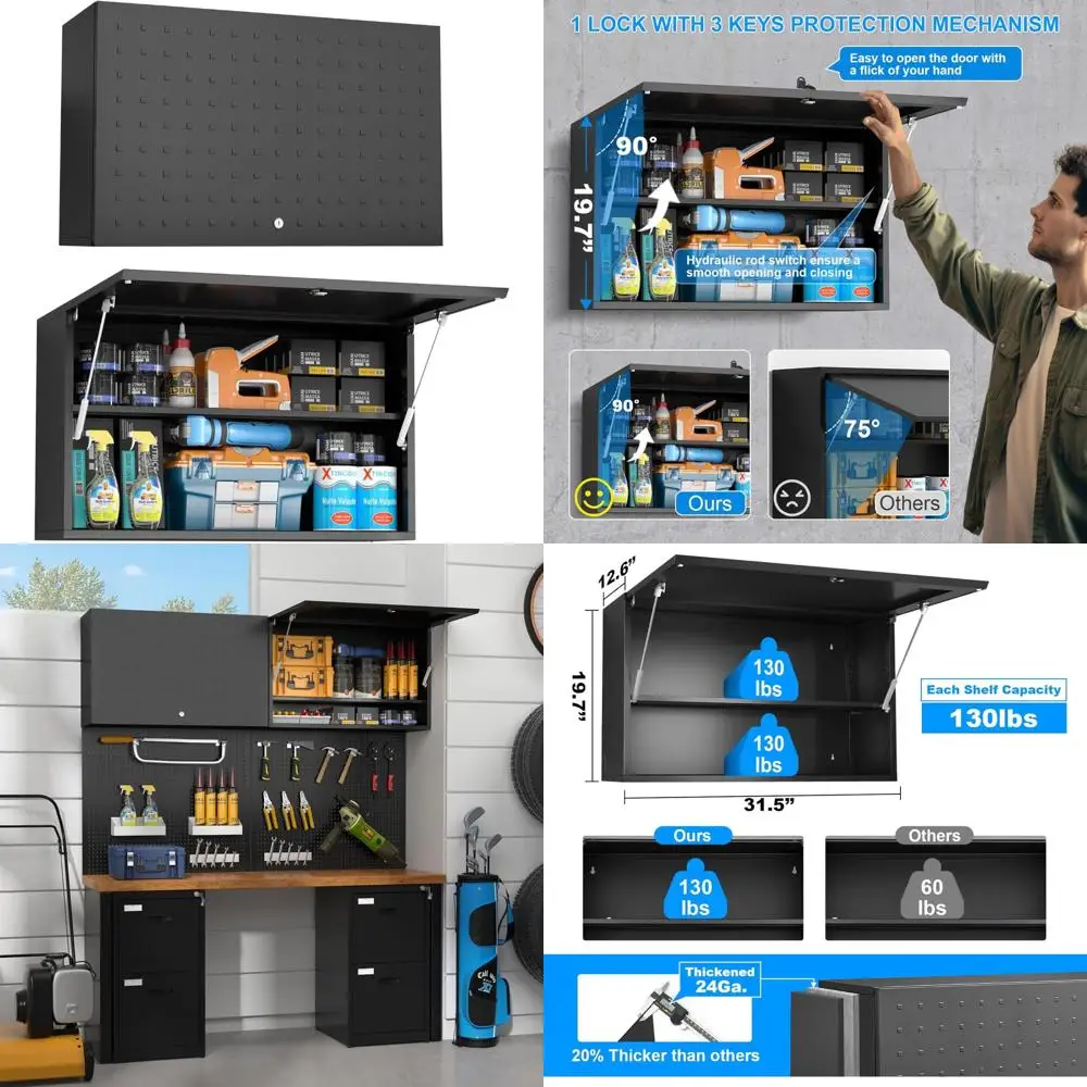 Надежный настенный гаражный шкаф для хранения с регулируемыми полками и запираемым небольшим хранилищем для инструментов для эффективной организации