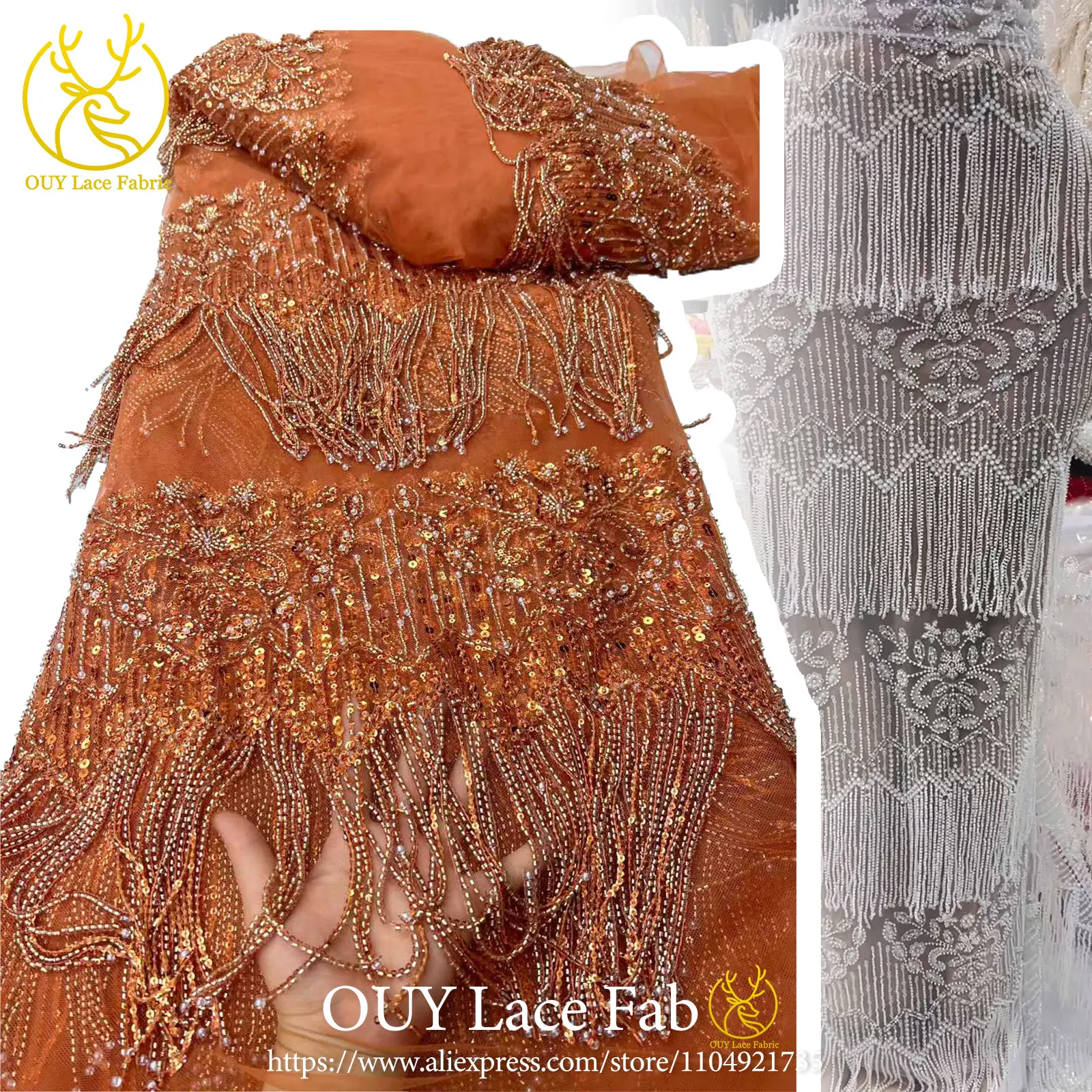 

Latest African Nigerian 3D Beaded Lace Fabric, 2026 High-End French Sequins Mesh Lace Fabric For Women's Wedding Party Dresses.