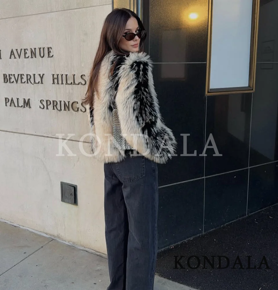 KONDALA معطف فرو نسائي عالي الشارع سترة عصرية متباينة برقبة دائرية سترة من الفرو الصناعي معطف موضة خريف وشتاء 2025 معطف نسائي ريترو #4