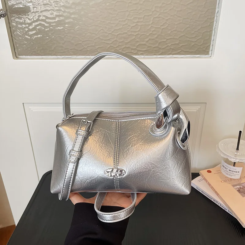 

Luxury Silver Handbag Fashion Clutch Bag For Women Black Soft Leather Crossbody Bag Solid Color Handbag Zipper Purse Small Bag