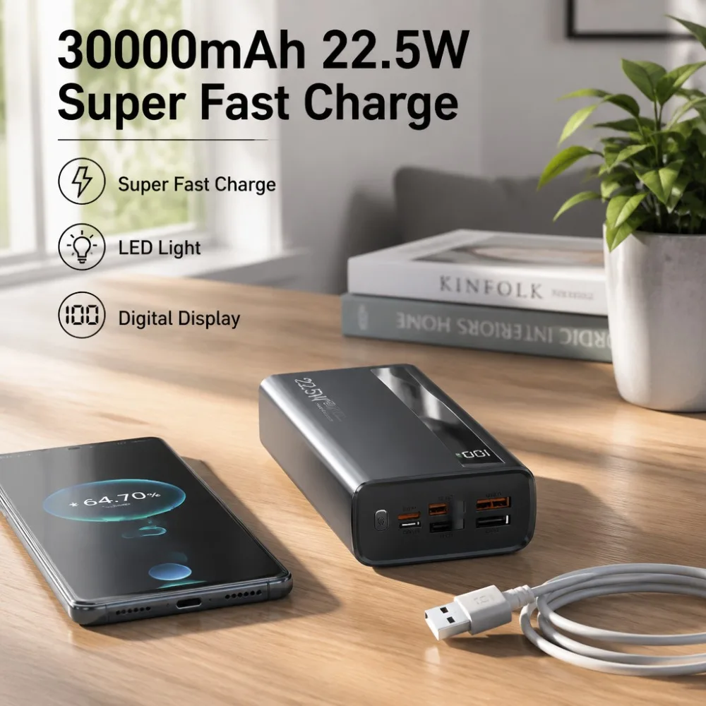 30000mAh Power Bank 22.5W Super Fast Charging with LED Camping Light Digital Display High Capacity Battery