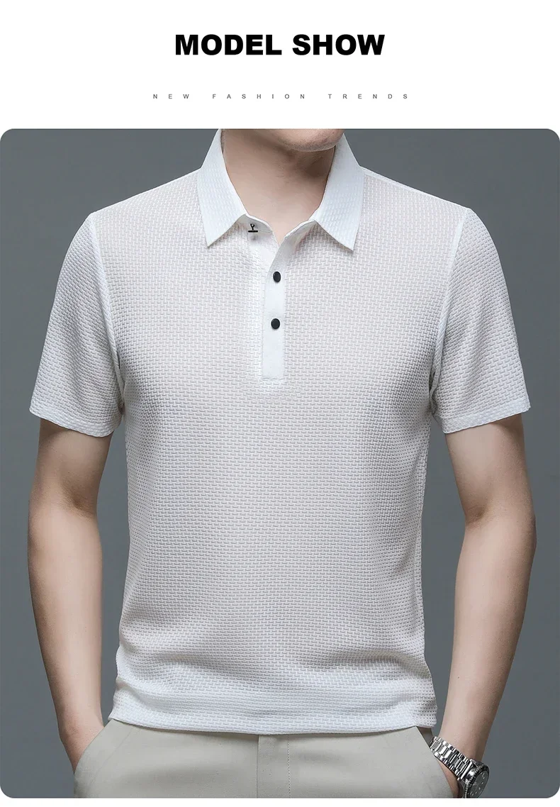 Sommer Neue männer Lop-up Hohl kurzarm Polo-Shirt Eis Seide Marke Kleidung Atmungsaktive Business-Mode T-Shirt männlichen Bis 6XL – Detail 25