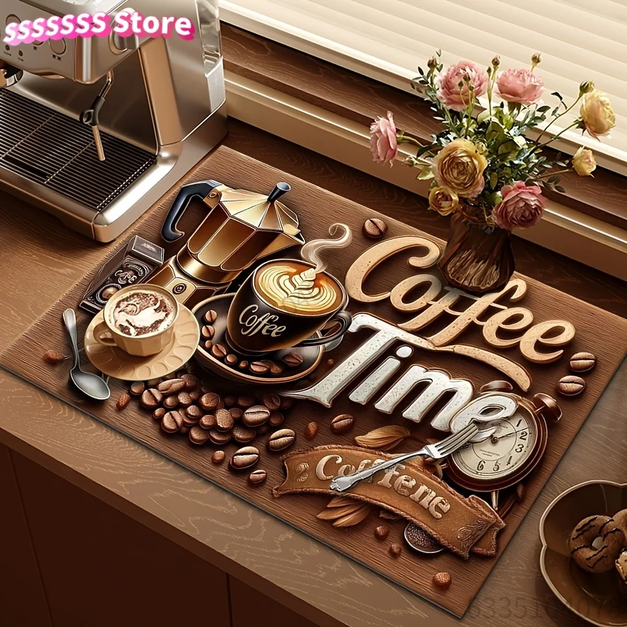 Dish Drying Mat, Coffee Machine Mat, 2D Flat Vintage Coffee Time Themed Tabletop Decorative Mat, Coffee Bar Counter Decorative