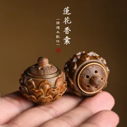 2PCS Solid Wood Medicine Pill Box Ancient Style Lotus Hollowed Out Sachet DIY Keychain Pendant Accessory Can Opened And Closed