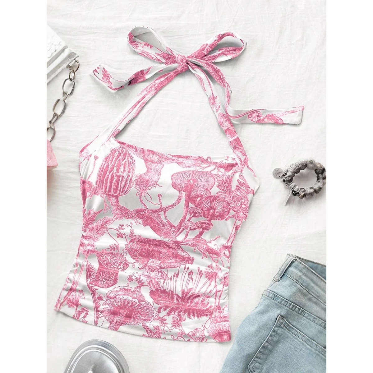 Sexy Y2K Printed Halter Vest Club Trendy Punk Hot Girl Outfit Cross-Border New Style Short Length Polyester Women's Tank Top