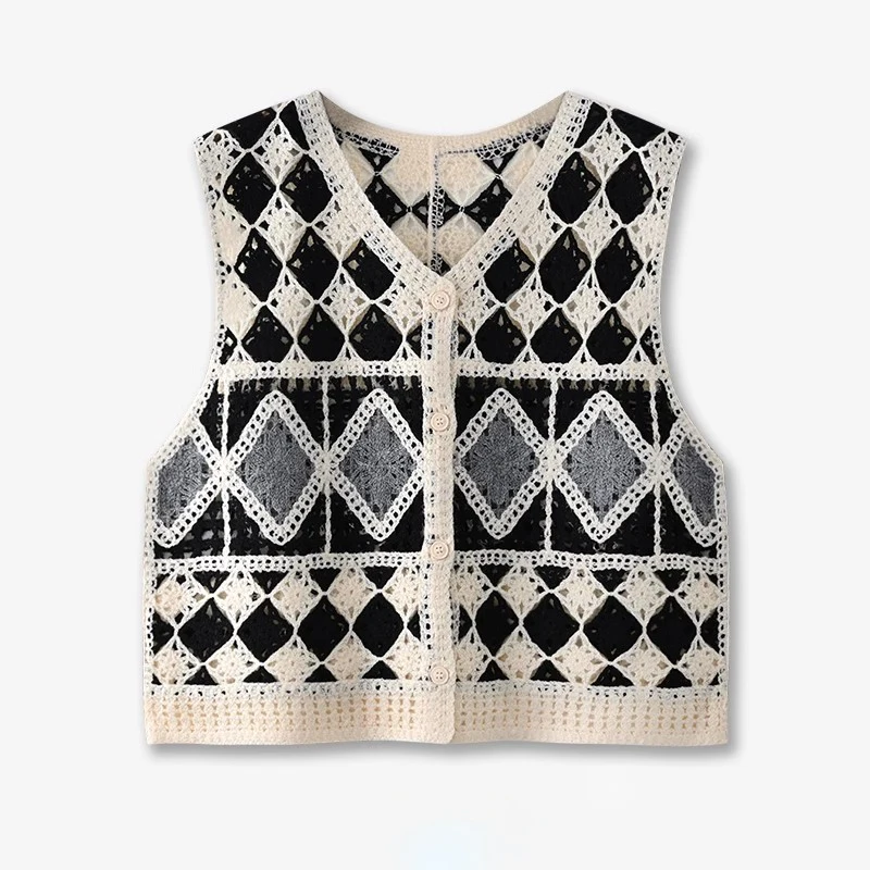 

Argyle Crochet Vest for Women Openwork Button Down Sleeveless Jacket Knit Waistcoat Top Summer Boho Vacation Outfit