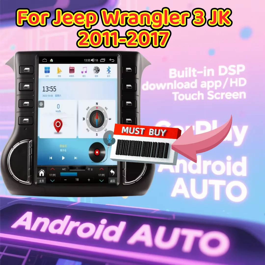 Radio Mobil Layar Vertikal Android 13 Untuk Jeep Wrangler 3 JK 2011-2017 Pemutar Multimedia Video Stereo GPS Navigasi Head Unit