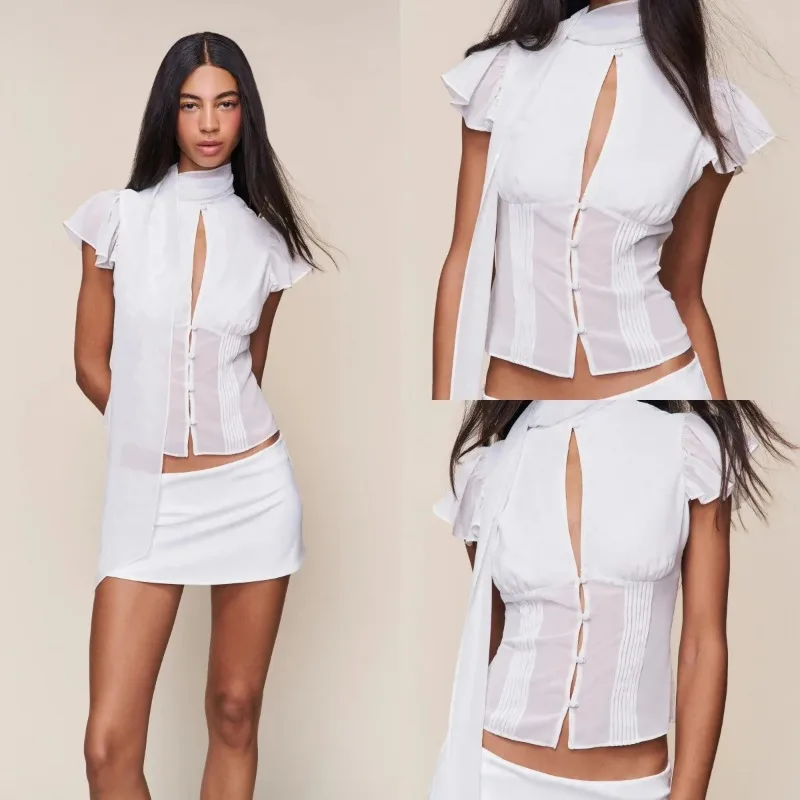 

White tight skirt chiffon top mini sexy short skirt casual style sexy French light luxury