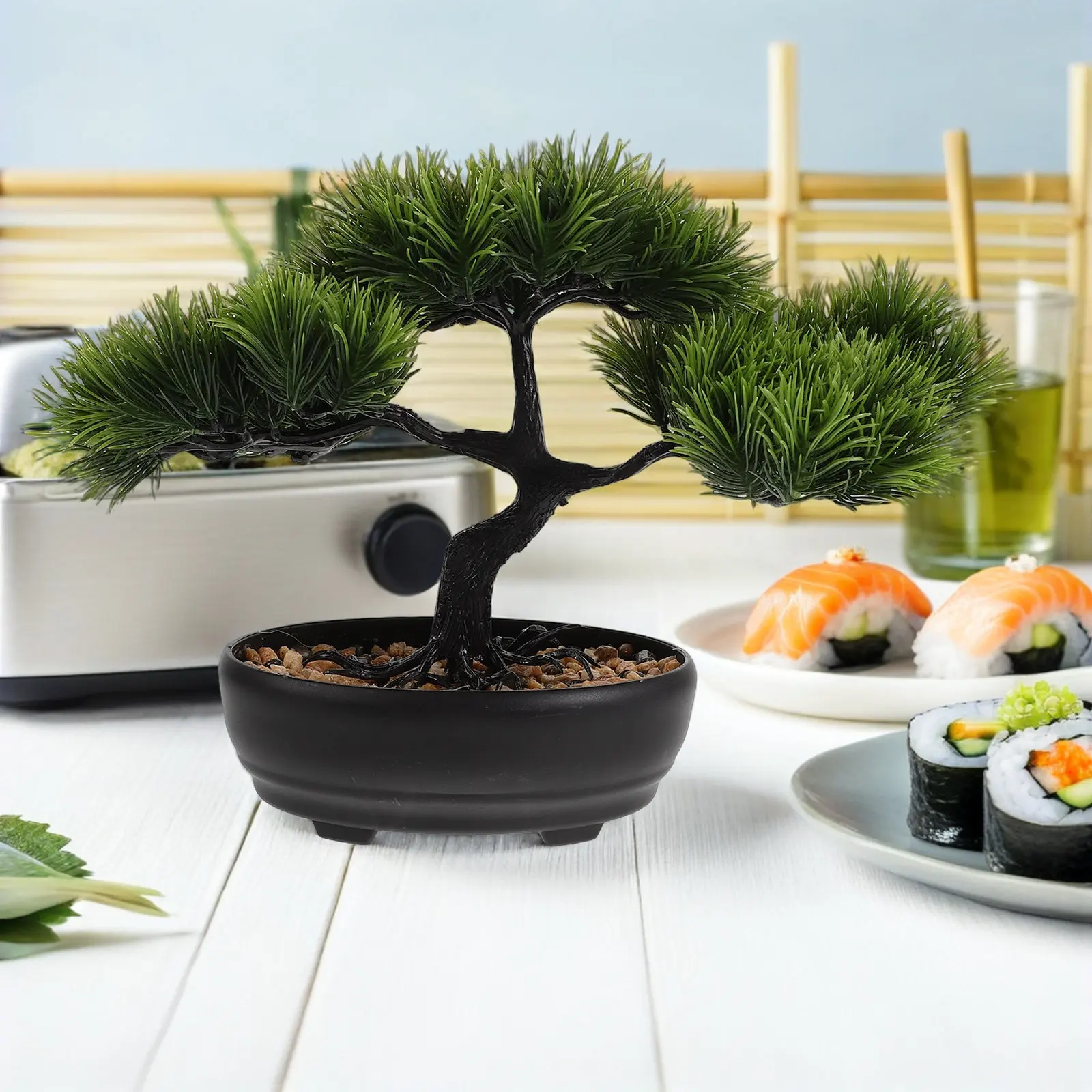 Artificial Pine Bonsai Tree in Pot for Sushi Plate Decor Sashimi Dish Japanese Restaurant Table Ornament Mini Bonsai for Platter