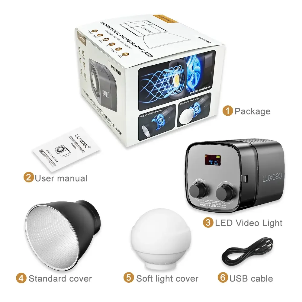 

LUXCEO 40 Вт RGB светодиодный светильник для видеосъемки 11500LUX 2500K-6500K двухцветный аккумулятор Bowens Mount 5000 мАч для фотостудии YouTube TikTok