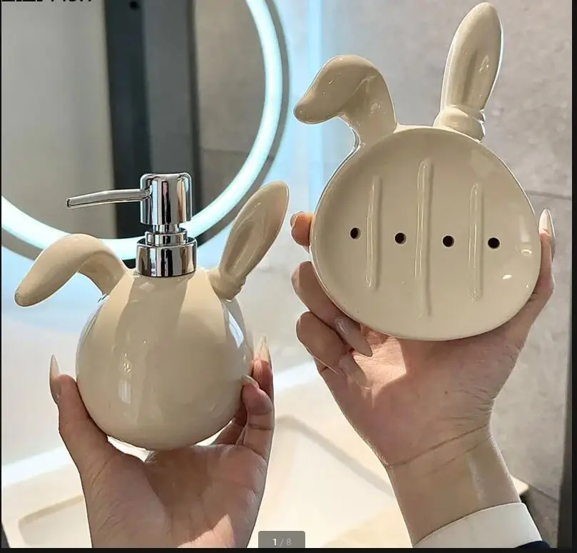 

Light Luxury Rabbit Soap Dispenser and Soap Dish Set Bathroom Hotel Ceramic Hand Wash Bottle Home Bathroom Accessories Set