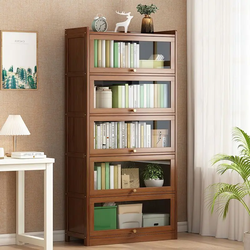 Modern Bamboo Bookshelf Storage Cabinet with Flip Doors 4/5/6 Tier Bookcase for Living Room Bedroom Office image 4