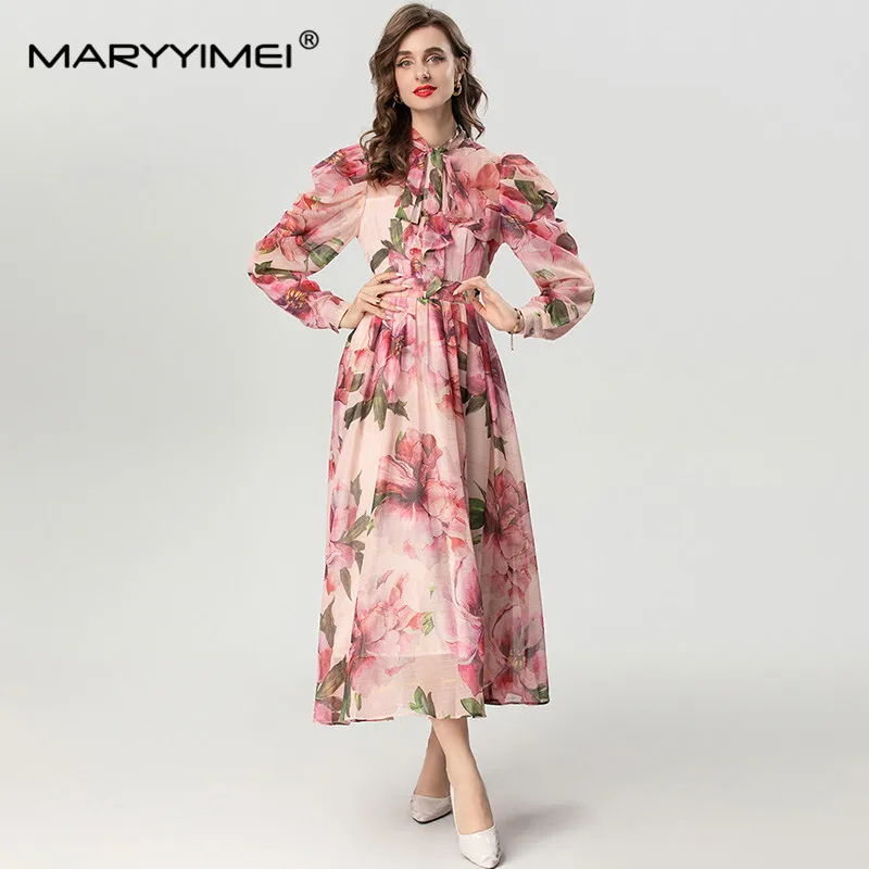 MARYYIMEI Autumn and Winter Women\'s Dress Long Sleeved Single-Breasted Pleated Splicing Print Bohemian Holiday Dresses