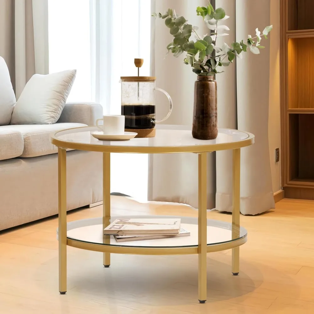 

Round Coffee Table,Clear Glass Top Coffee Table with 2-Tier Storage Space,Modern Center Table for Living Room,Small Space