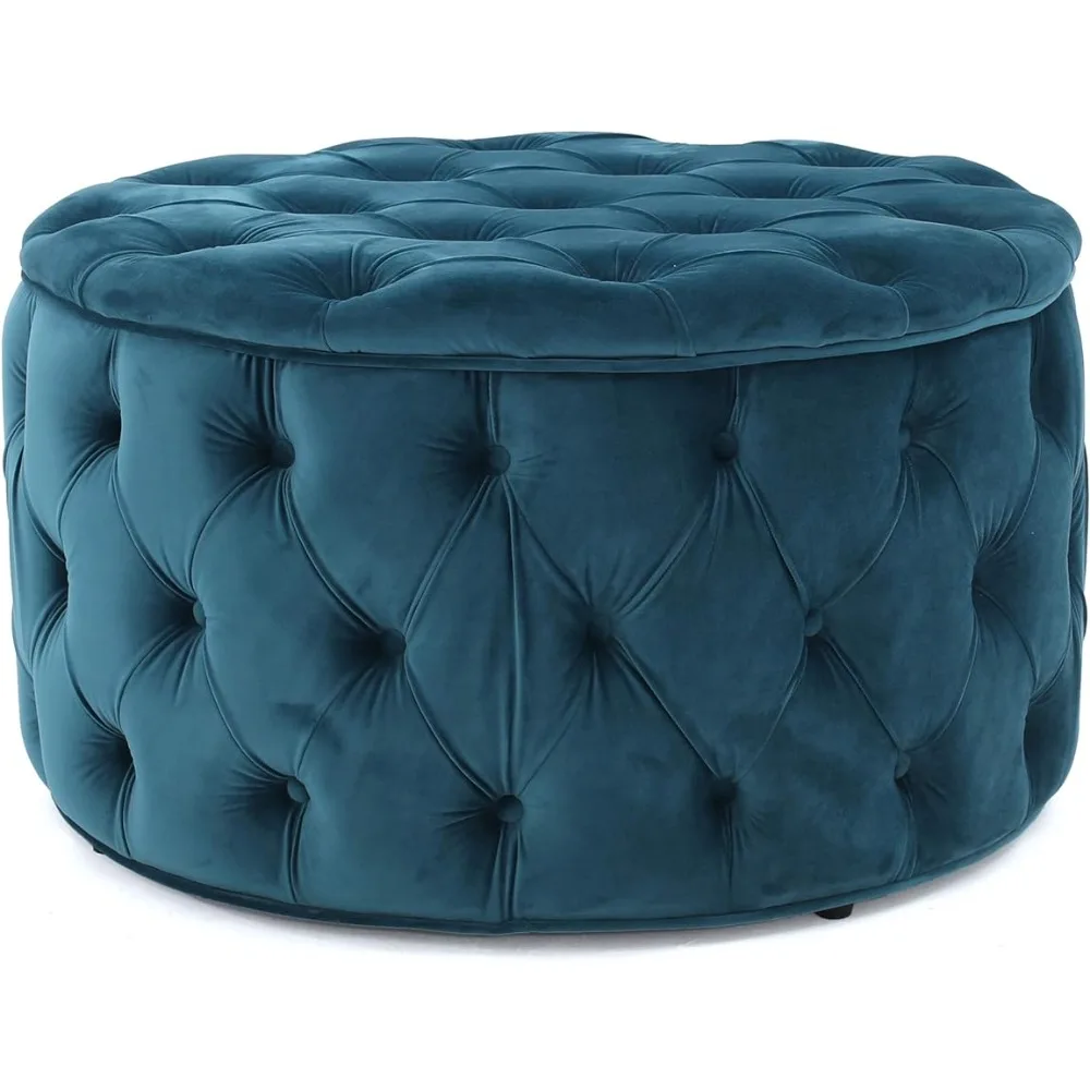 Zelfa Velvet Ottoman Furniture Dark Teal Stool Round Freight Free Hallway Living Room Home