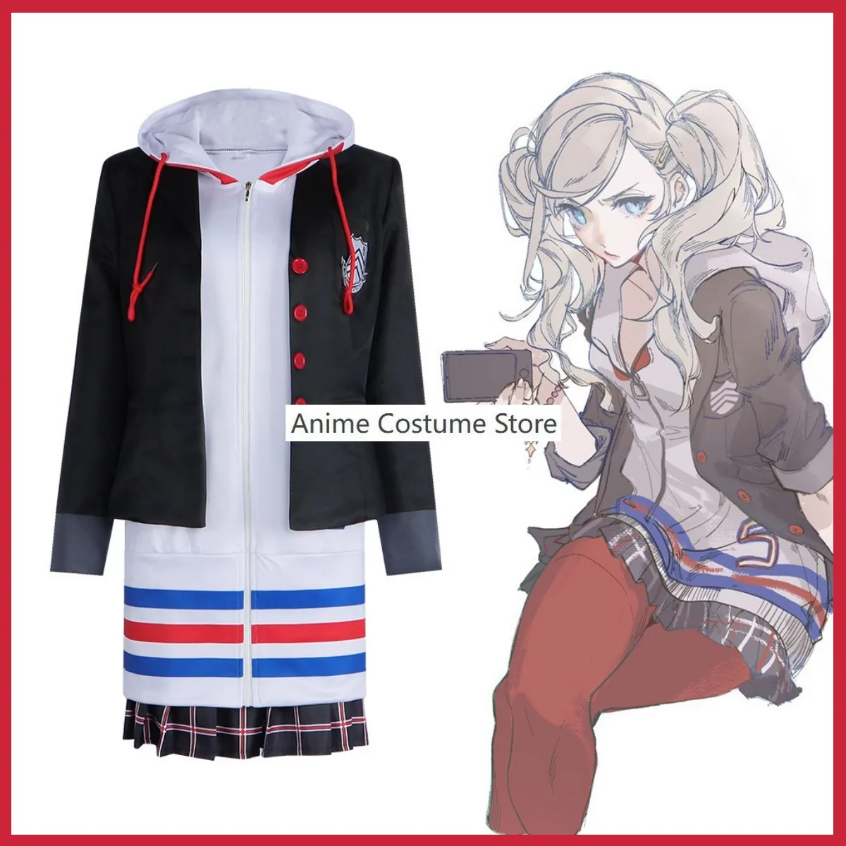 Anime Game Persona 5 Anne Takamaki Cosplay Costume P5 Panther Wig Hooded Hoodies JK School Uniforms Coat Woman Sexy Campus Suit