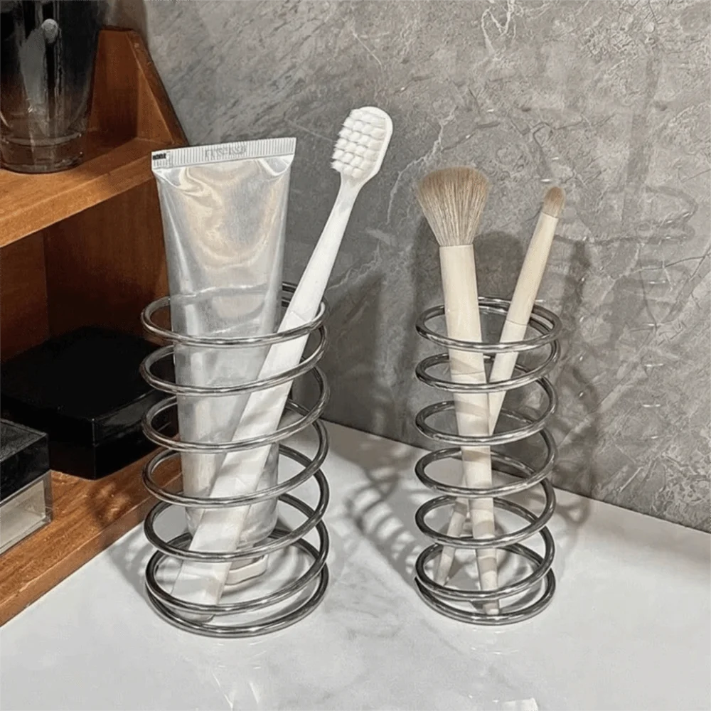 Stainless Steel Spring Shaped Toothbrush Holder Silver Hollow Makeup Brush Storage Rack Space Saving