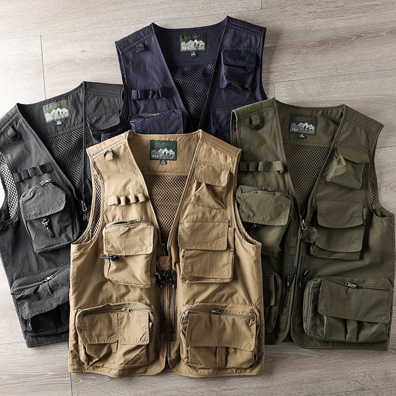 Men's Outdoor Hiking Cargo Waistcoat Vintage Solid Color V-Neck Multi Pockets Sleeveless Tops Summer Casual Loose Simple Vest