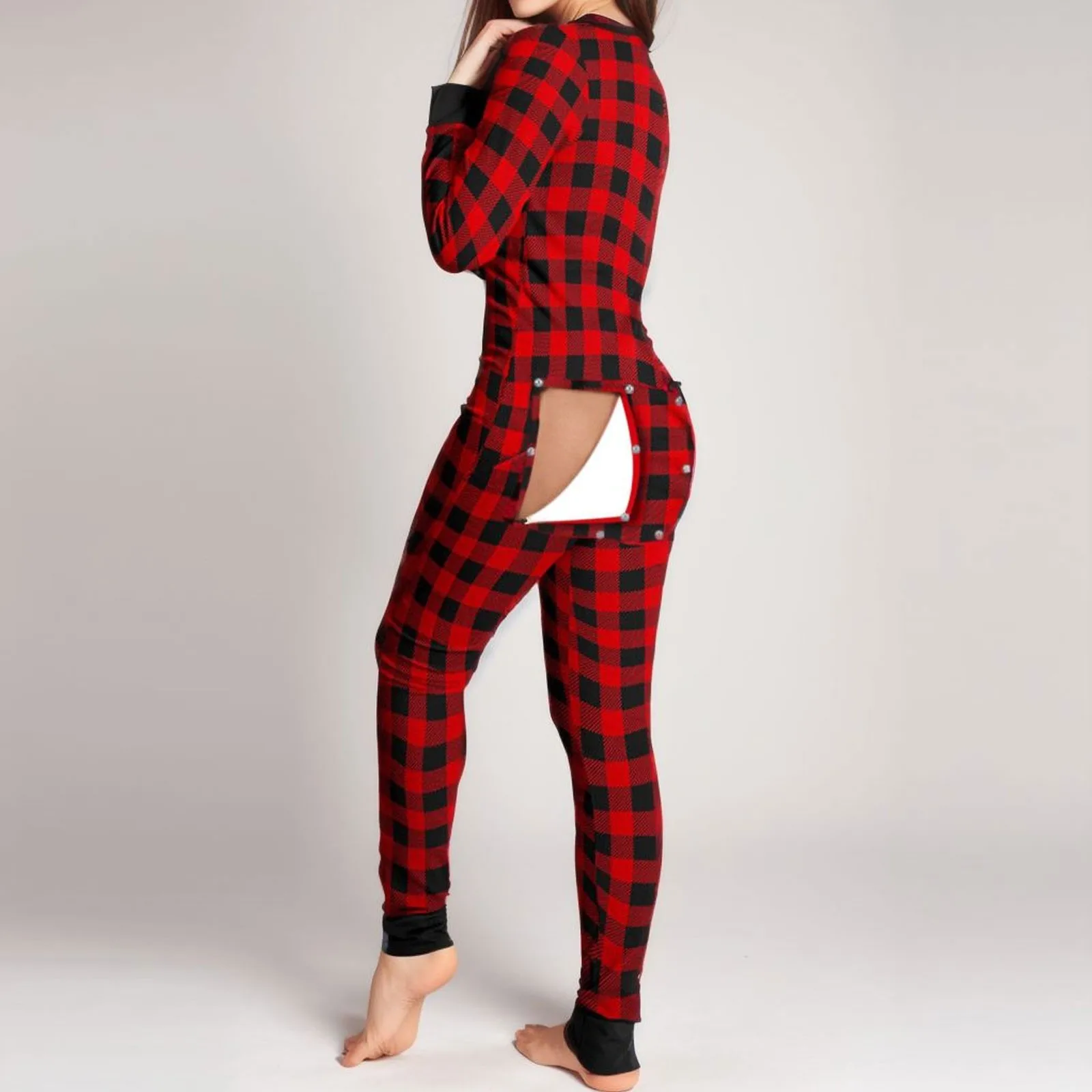 Valentines Women One Piece Pajama Butt Flap V Neck Long Sleeve Sleepwear Adult Romper Sexy Bodysuit Pajamas Overall Jumpsuit Pjs