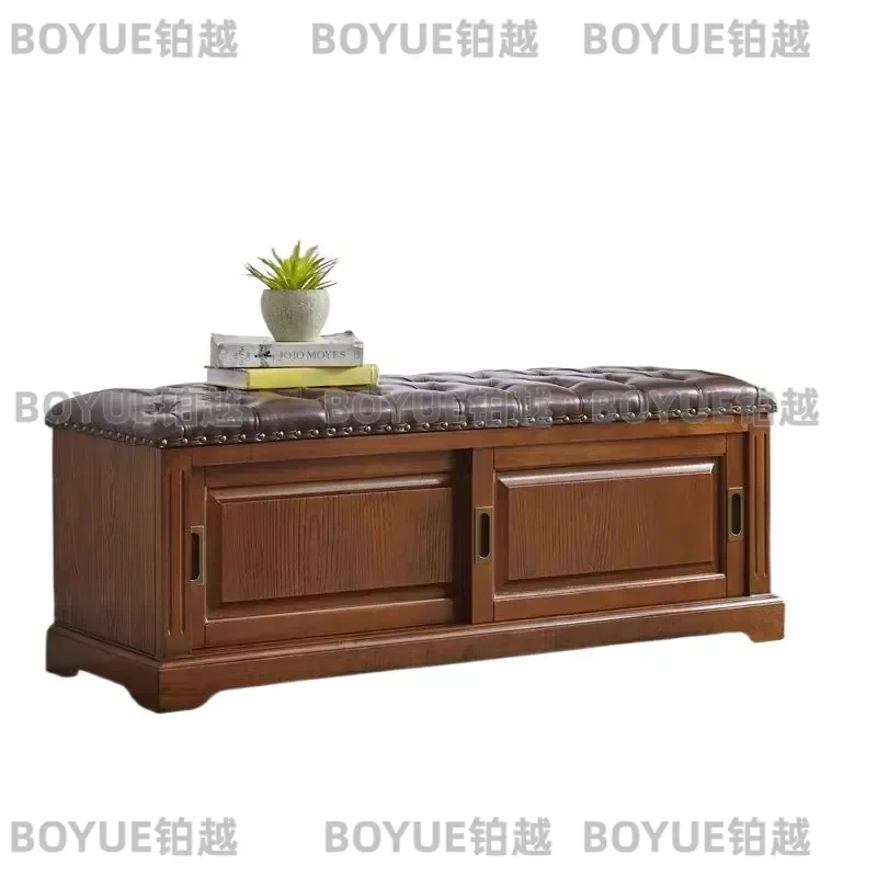 Solid Wood Shoe Bench with Leather Cushion Entryway Storage Stool for Hallway Home Organization Soft Padded Seating Furniture