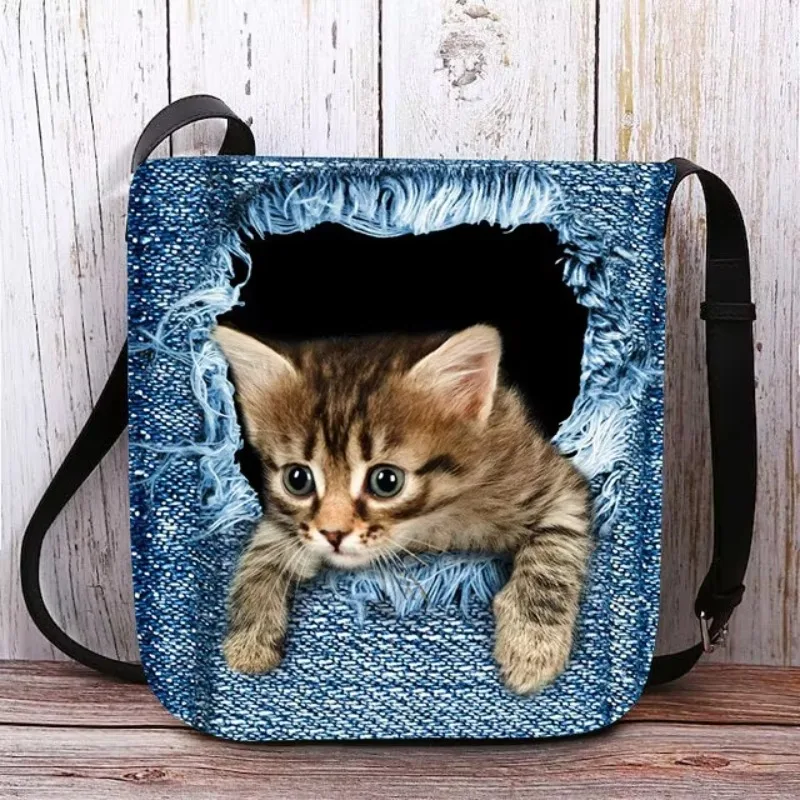 New Arrivals Washable Reusable Denim Lightweight Durable Shoulder Crossbody Bag, Custom Personalized Chic Cat Print Travel Bag