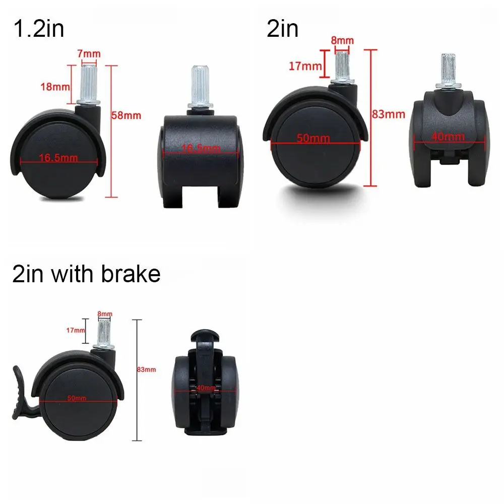 가구 범용 바퀴 도구, 브레이크 포함, 360 ° 회전, 사무실 의자 캐스터, 내구성 검은 꽃 냄비 바퀴, 1.2 인치, 2 인치
