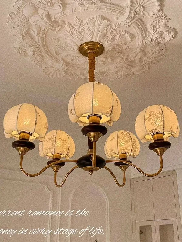 French Style Medieval Fabric Pattern Pendant Lamp Walnut Wood Nanyang Style Bedroom Lighting for Living Room