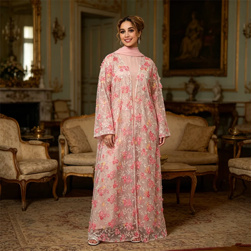 

Luxury Abaya Eid Floral Embroidery Lace Kaftan 3 Pieces Set Modest Women Muslim Dress with Inner and Hijab Dubai Caftan Kebaya