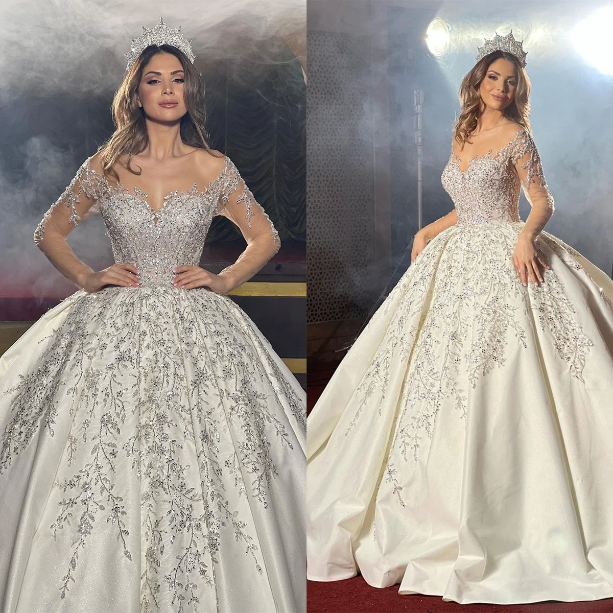 

Delicate Ball Gown Wedding Dress For Women O-Neck Appliques Sequins Bridal Gown Long Sleeves Sweep Train Dresses Robe De Mariée