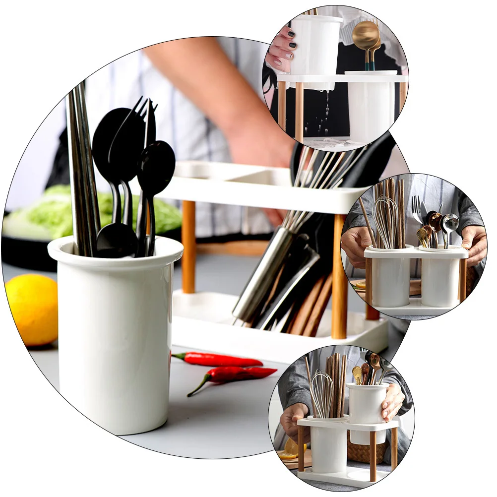 

1Set Chopstick Rack Ceramic Cutlery Storage Canister Kitchen Organizer with Drain Holes for Chopsticks Forks Spoons Household