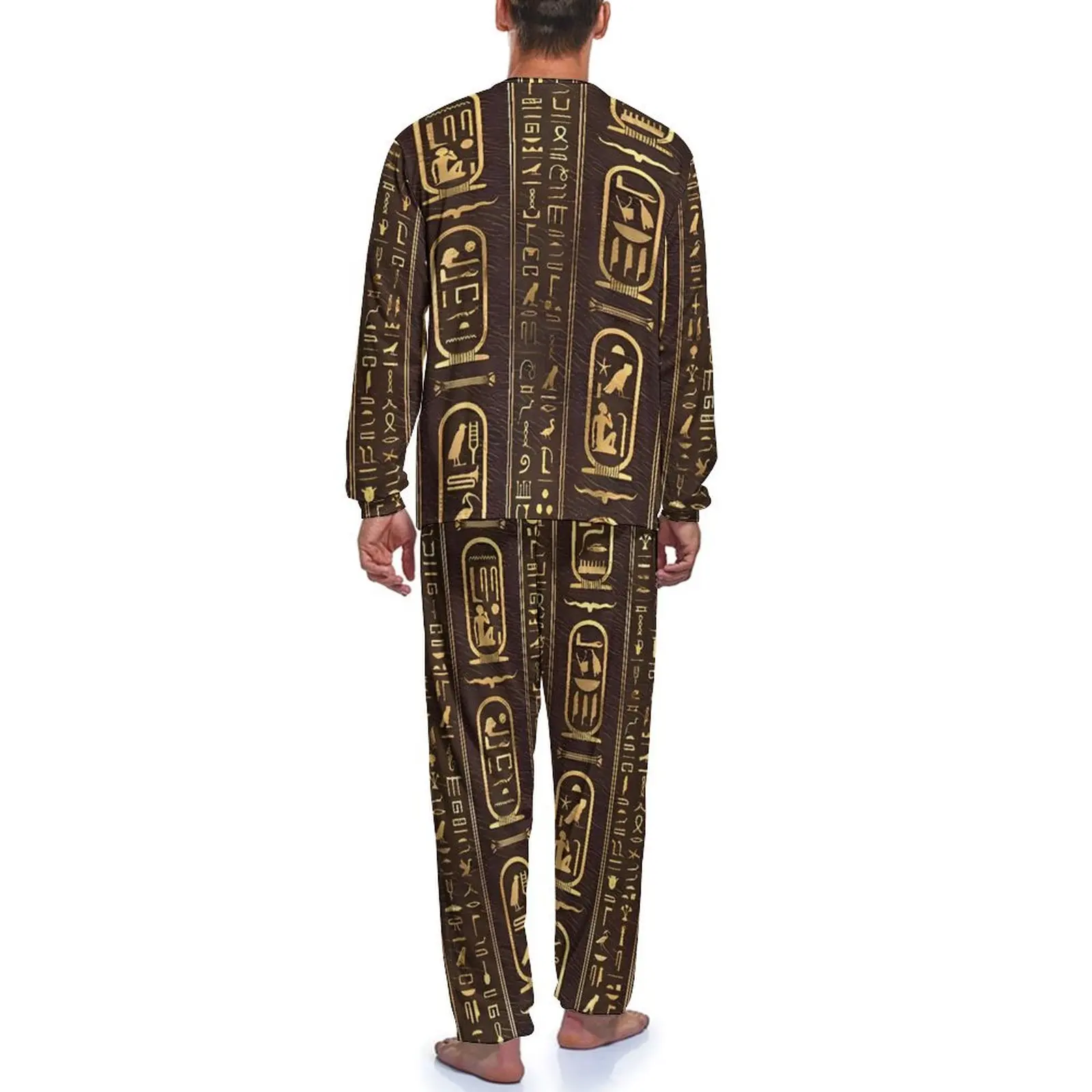 Ancient Egyptian Art Gold Pajamas Autumn Two Piece  Kawaii Pajama Sets Man Long Sleeve Aesthetic Printed Home Suit